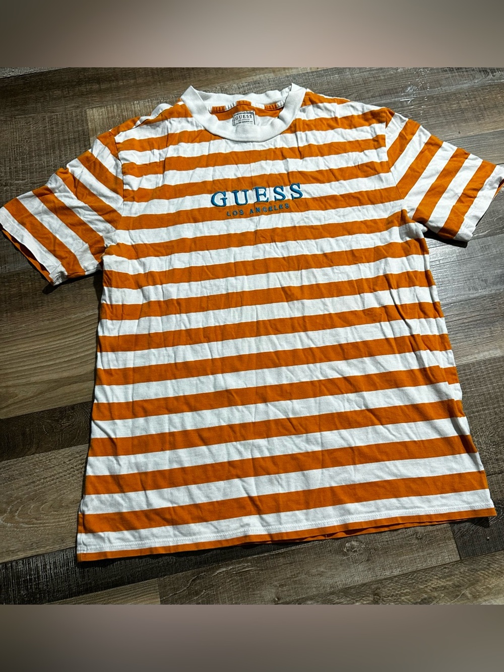 GUESS Orange & White Striped Logo Tee with Blue Chest Script - Picture 1 of 7